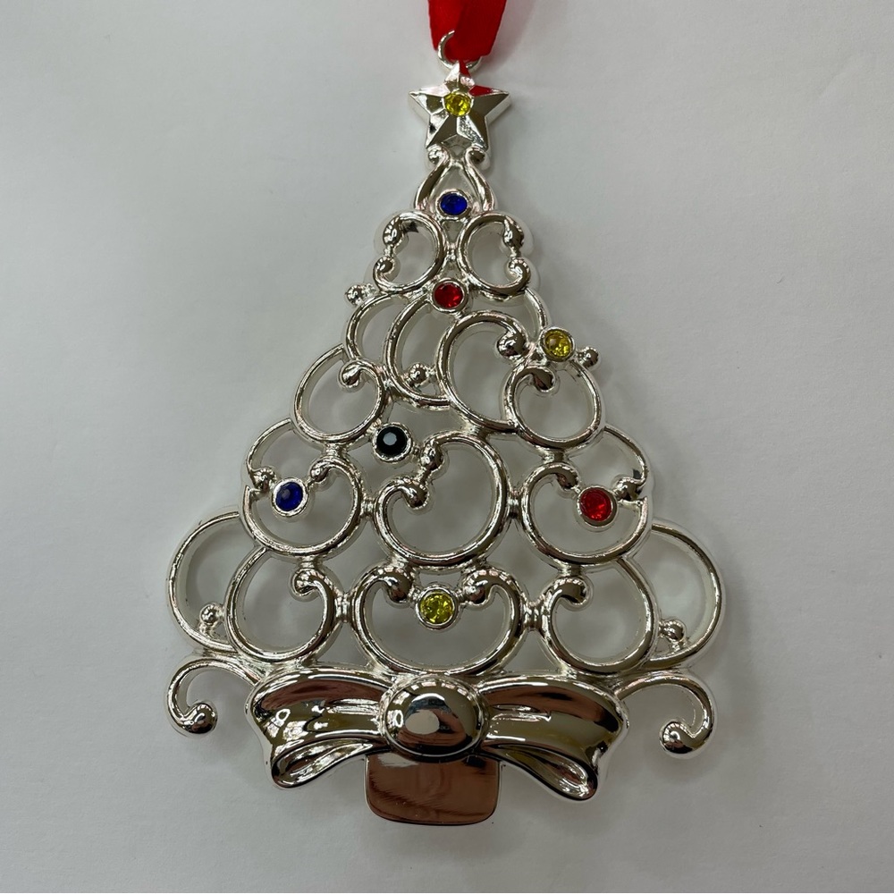 Lenox Sparkle & Scroll Multi Crystal Christmas Tree Ornament Silverplate Box